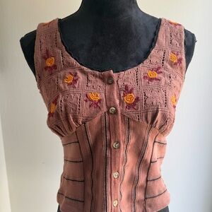 Free People Pink Boho Embroidered Floral Ladies Stretch Tank Top NWOT